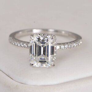 Certified 3.0 ct All Moissanite Emerald Cut Engagement Ring 925